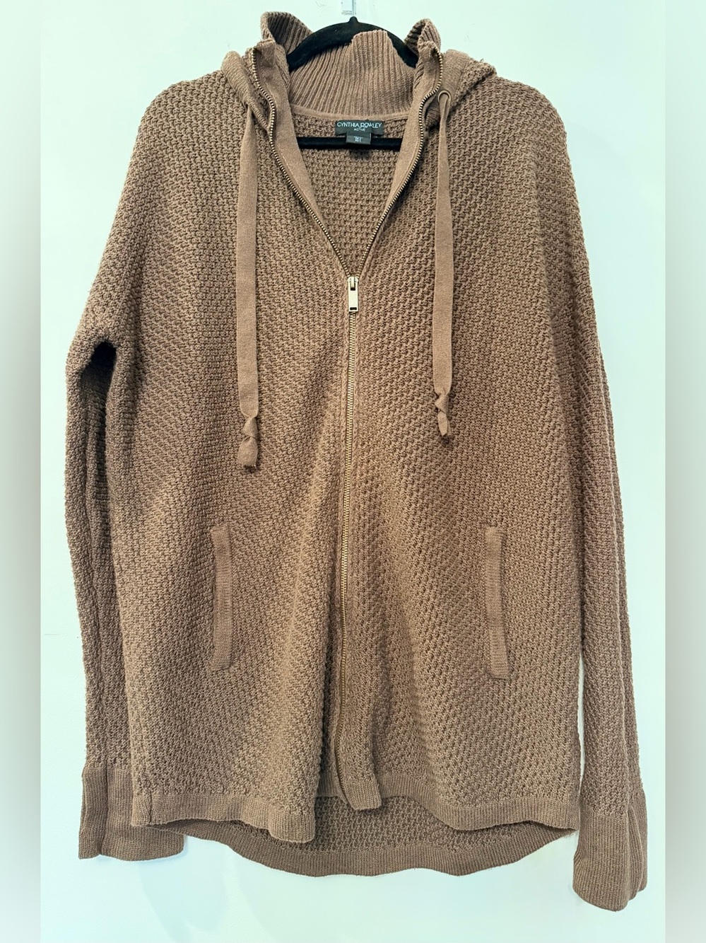 Cynthia Rowley Brown Waffle Knit Full Zip Hoodie Cardigan Sweater Women’s Large